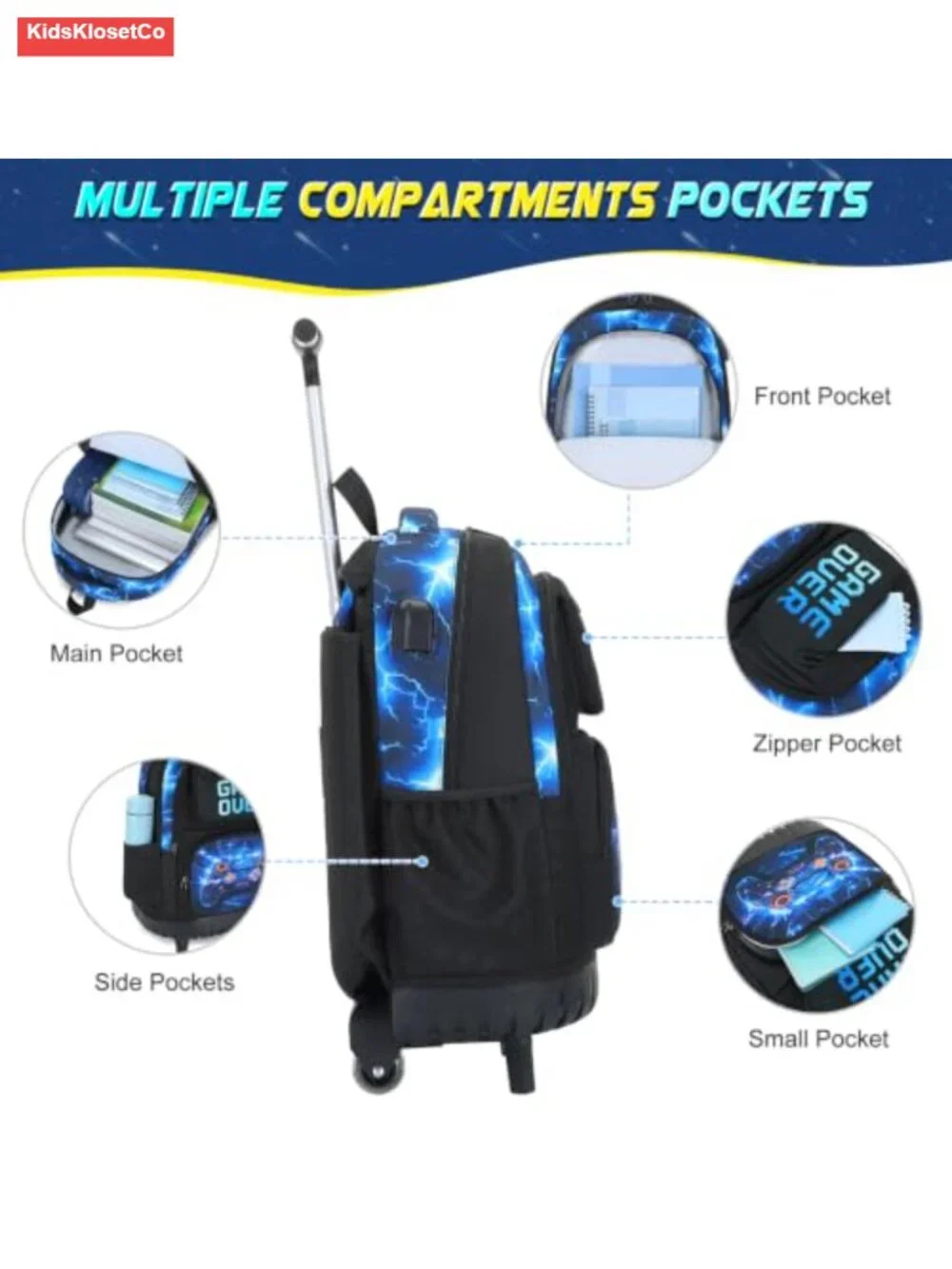 Boys Rolling Backpack with Wheels, Gamer 4-Piece Set Lunch Bag Pencil Case,